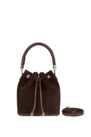 Saonara chocolate suede bucket bag with shoulder strap, stylish and spacious for everyday use.