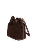 Saonara chocolate suede bucket shoulder bag with rounded shape and adjustable strap, stylish and versatile accessory.