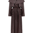 Dark brown vegan leather trench coat by Kris Marán featuring a buckle detail and classic silhouette.