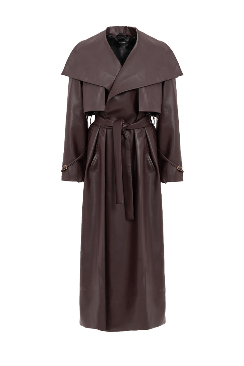 Dark brown vegan leather trench coat by Kris Marán featuring a buckle detail and classic silhouette.