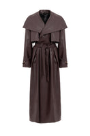 Dark brown vegan leather trench coat by Kris Marán featuring a buckle detail and classic silhouette.