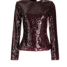 Burgundy sequin top by SemSem with a flat front, showcasing shiny sequins and stylish design for fashionable tops.