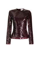 Burgundy sequin top by SemSem with a flat front, showcasing shiny sequins and stylish design for fashionable tops.
