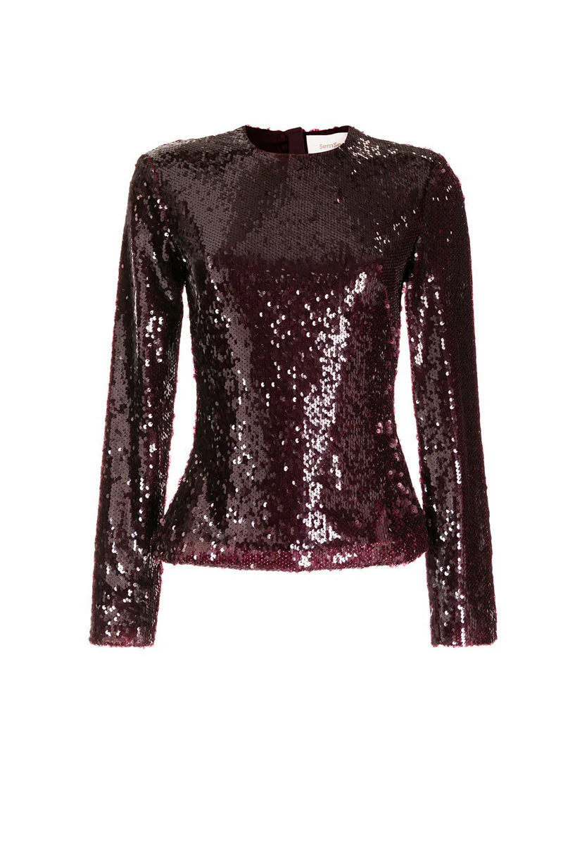 Burgundy sequin top by SemSem with a flat front, showcasing shiny sequins and stylish design for fashionable tops.