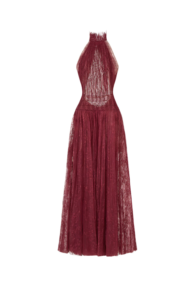 BURGUNDY SMOCKED LACE MAXI DRESS - CULT MIA