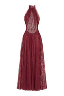 Elegant burgundy smocked lace gown by Montsand featuring intricate lace details and a flowing maxi dress silhouette.