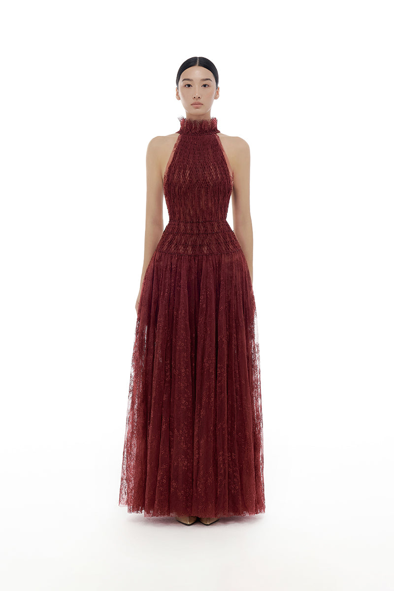 BURGUNDY SMOCKED LACE MAXI DRESS - CULT MIA