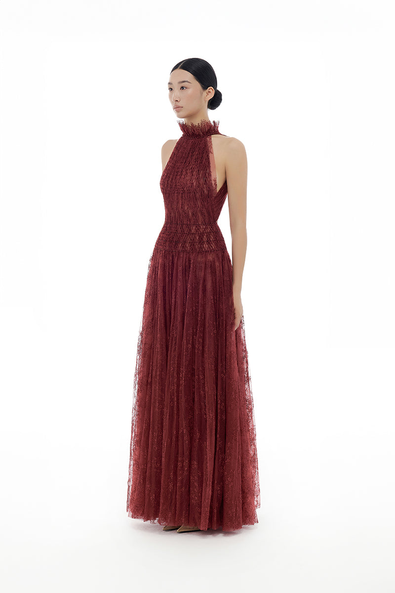 BURGUNDY SMOCKED LACE MAXI DRESS - CULT MIA