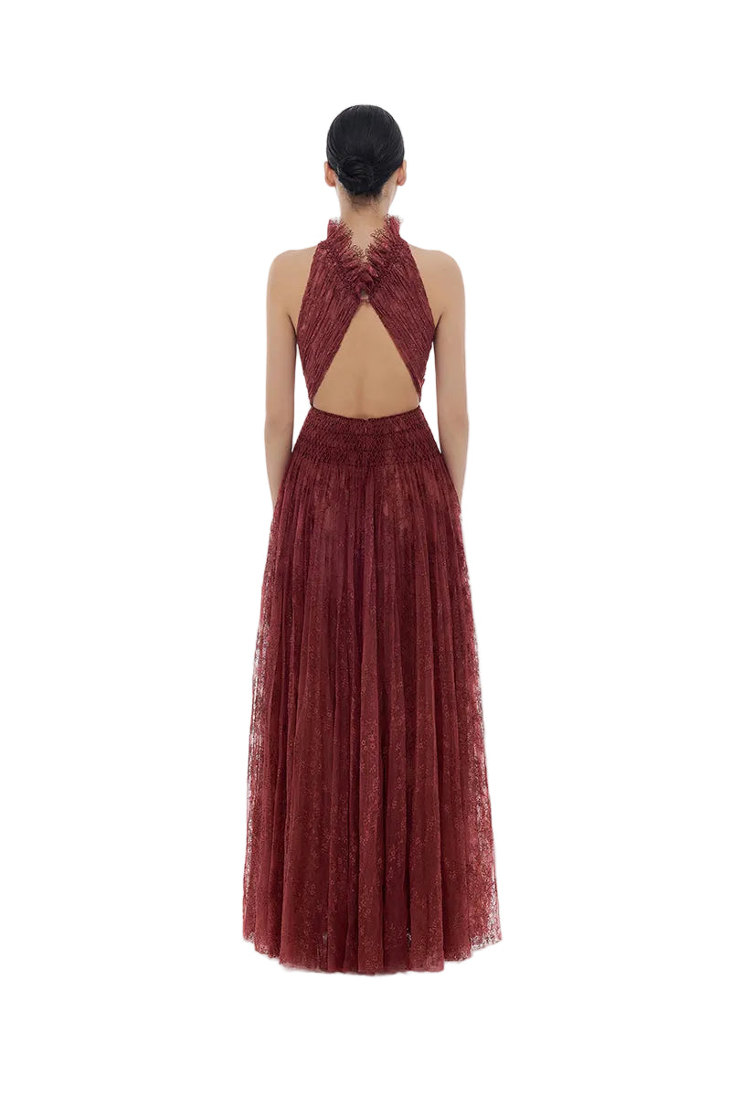 BURGUNDY SMOCKED LACE MAXI DRESS