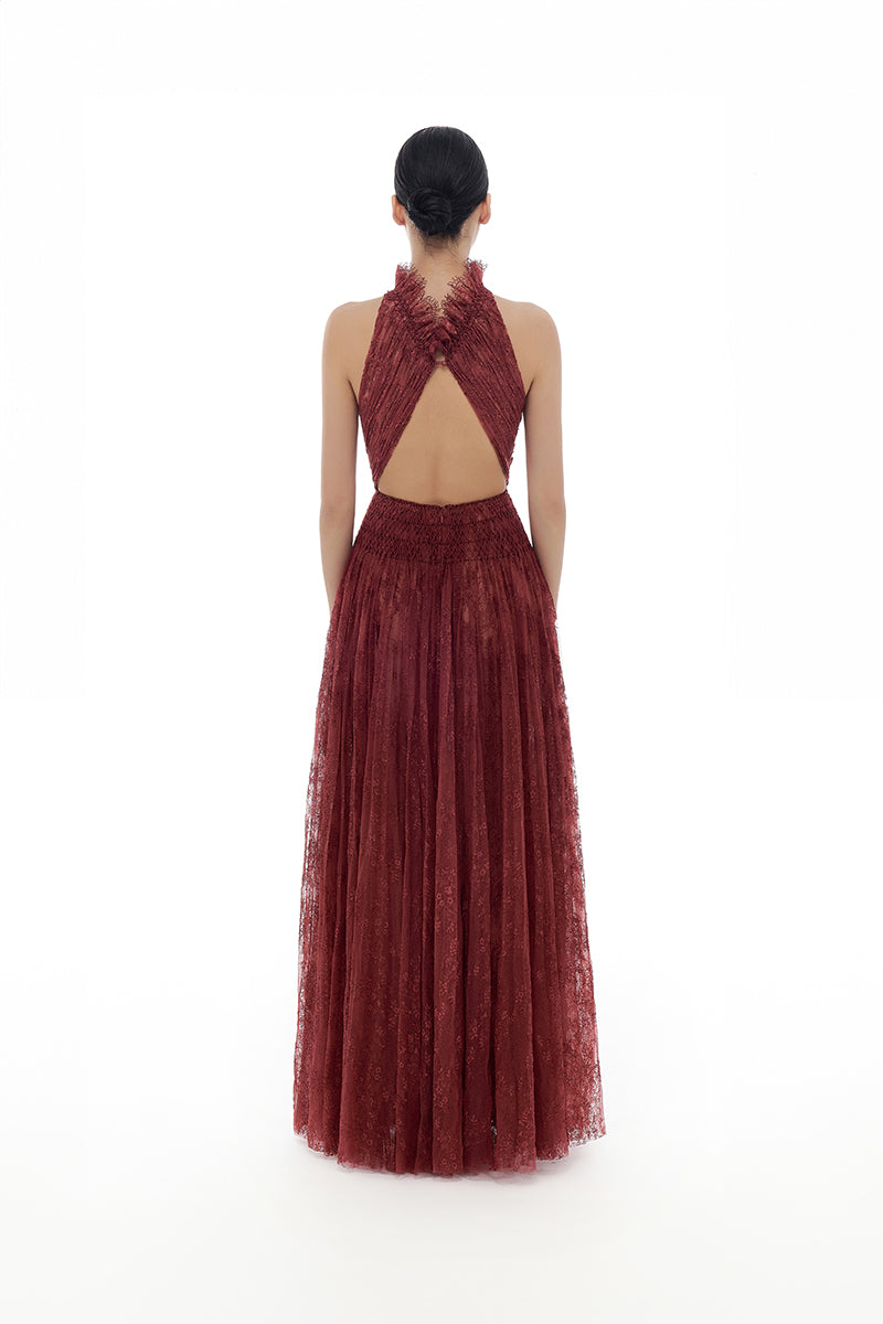 BURGUNDY SMOCKED LACE MAXI DRESS - CULT MIA