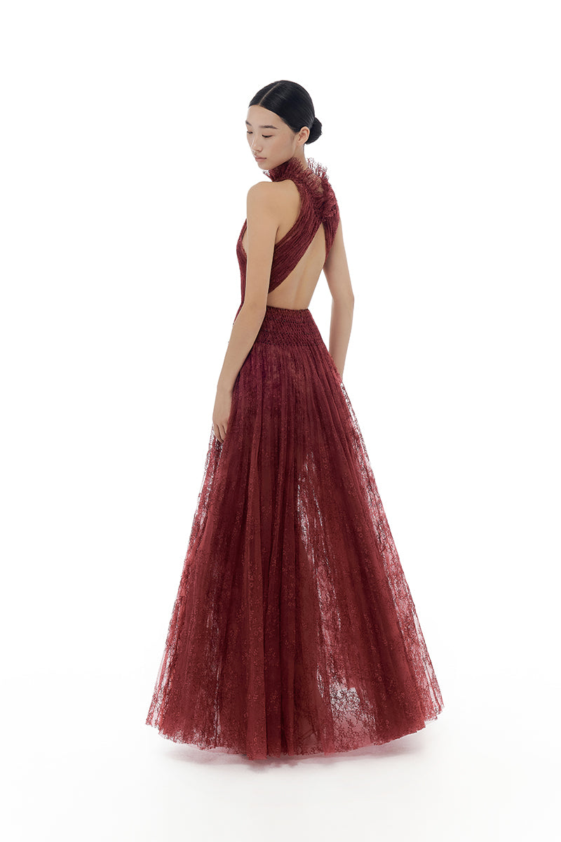BURGUNDY SMOCKED LACE MAXI DRESS - CULT MIA