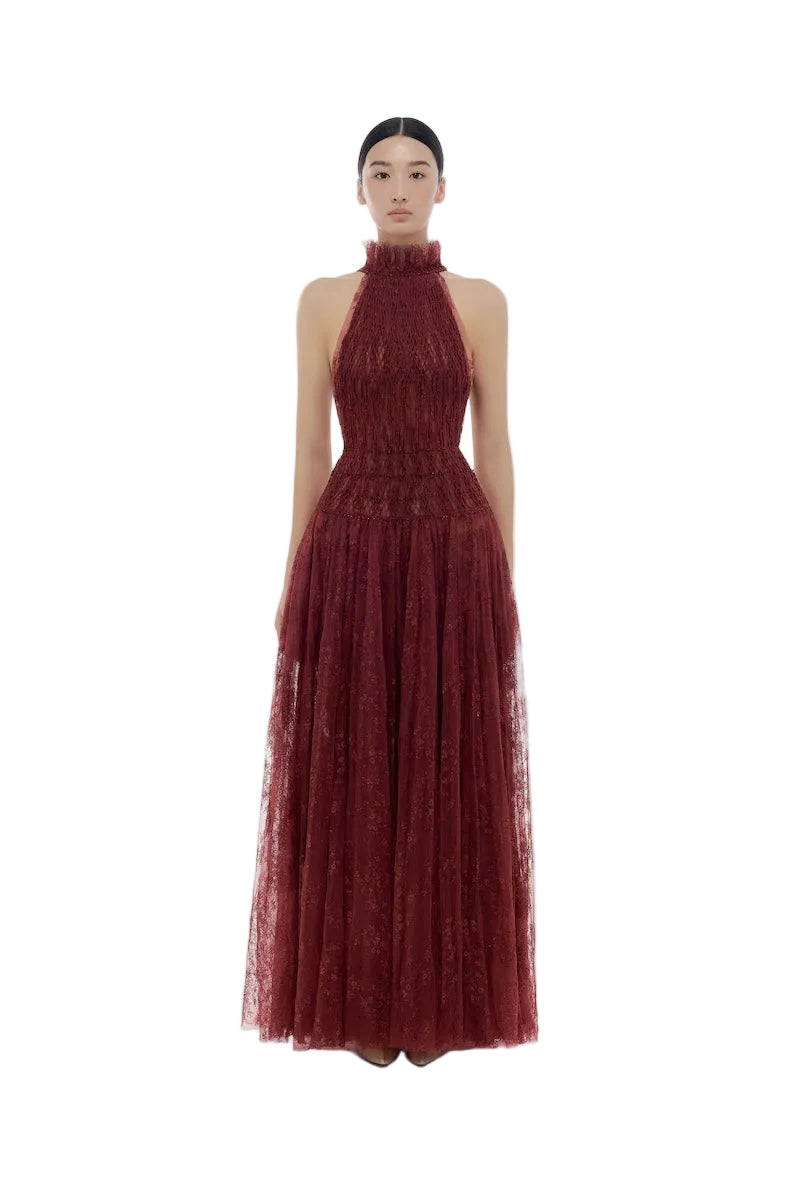 BURGUNDY SMOCKED LACE MAXI DRESS | CULT MIA