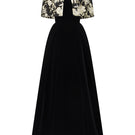 I.H.F Mirabelle Lyon velvet and jacquard gown featuring an A-line silhouette with a mini cape for elegant evening wear.