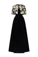 I.H.F Mirabelle Lyon velvet and jacquard gown featuring an A-line silhouette with a mini cape for elegant evening wear.