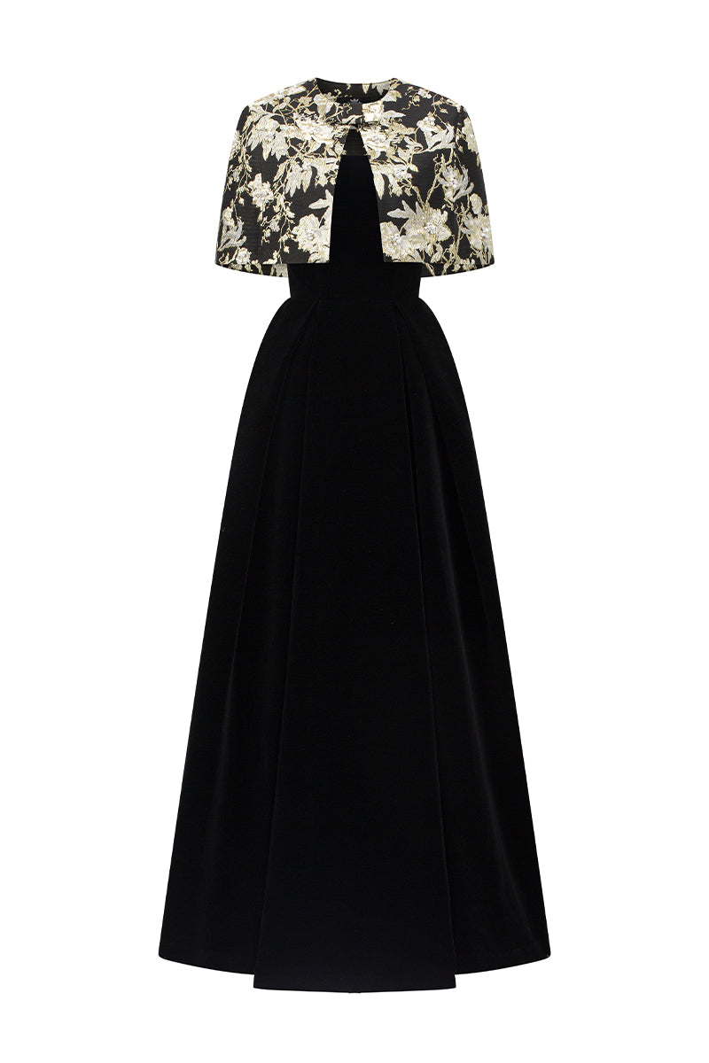 I.H.F Mirabelle Lyon velvet and jacquard gown featuring an A-line silhouette with a mini cape for elegant evening wear.