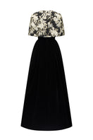 I.H.F Mirabelle Lyon velvet and jacquard gown featuring an A-line silhouette with a mini cape for elegant evening wear.