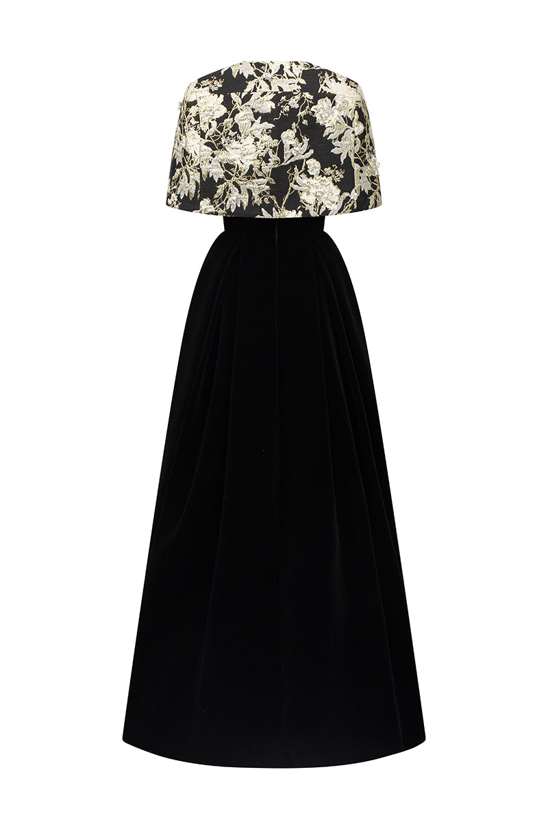 I.H.F Mirabelle Lyon velvet and jacquard gown featuring an A-line silhouette with a mini cape for elegant evening wear.