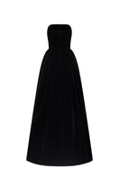 Elegant MIRABELLE Lyon velvet and jacquard gown with A-line silhouette and mini cape, flowing fabric and intricate detailing.