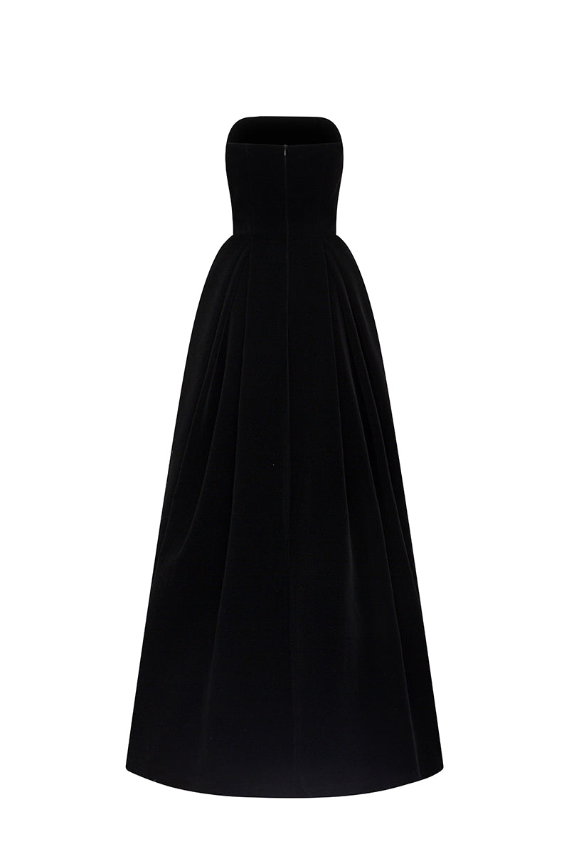 Elegant MIRABELLE Lyon velvet and jacquard gown with A-line silhouette and mini cape, flowing fabric and intricate detailing.