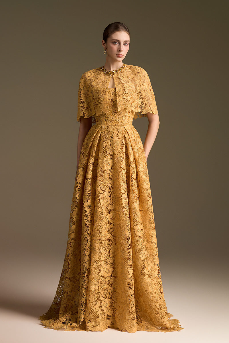 Yellow cult Mia X I.H.F bustier A-line gown with lace details and a mini cape, perfect for elegant occasions.
