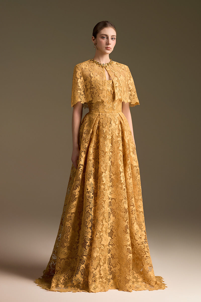 Yellow I.H.F bustier A-line gown with mini cape and intricate guipure lace details, elegant formal dress for special occasions.