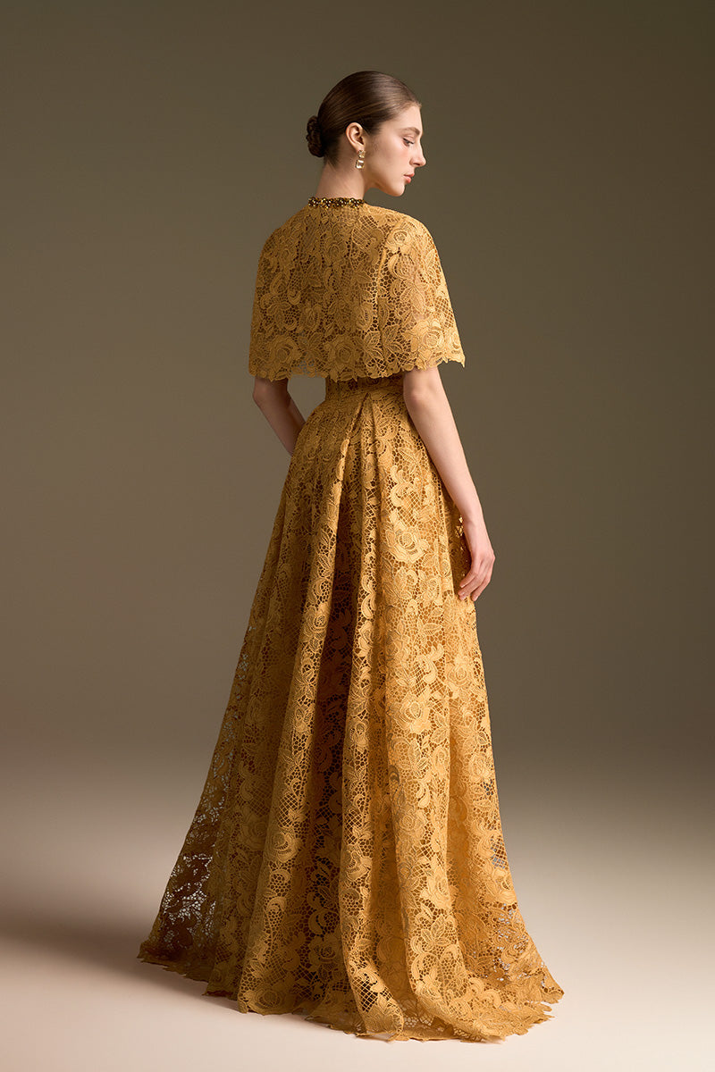 Yellow cult Mia X I.H.F bustier A-line gown with mini cape and guipure lace details, perfect for elegant occasions.