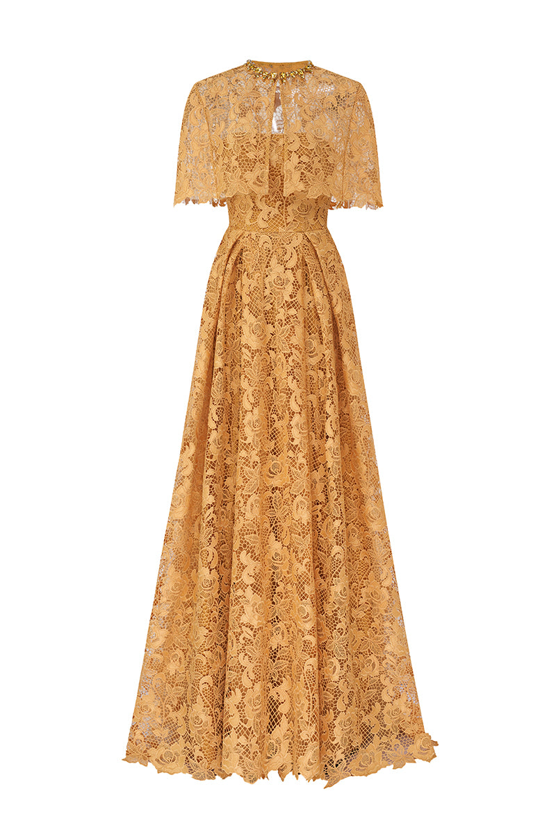Yellow I.H.F bustier A-line gown with mini cape and guipure lace detailing, elegant formal wear for special occasions.