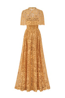 Yellow CULT MIA X I.H.F bustier A-line gown with mini cape in guipure lace, elegant and stylish evening wear.