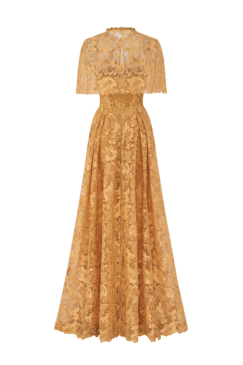 Yellow CULT MIA X I.H.F bustier A-line gown with mini cape in guipure lace, elegant and stylish evening wear.