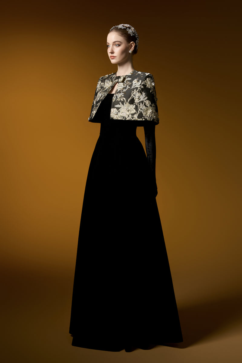 Elegant MIRABELLE Lyon velvet and jacquard gown with A-line silhouette and mini cape, by I.H.F.