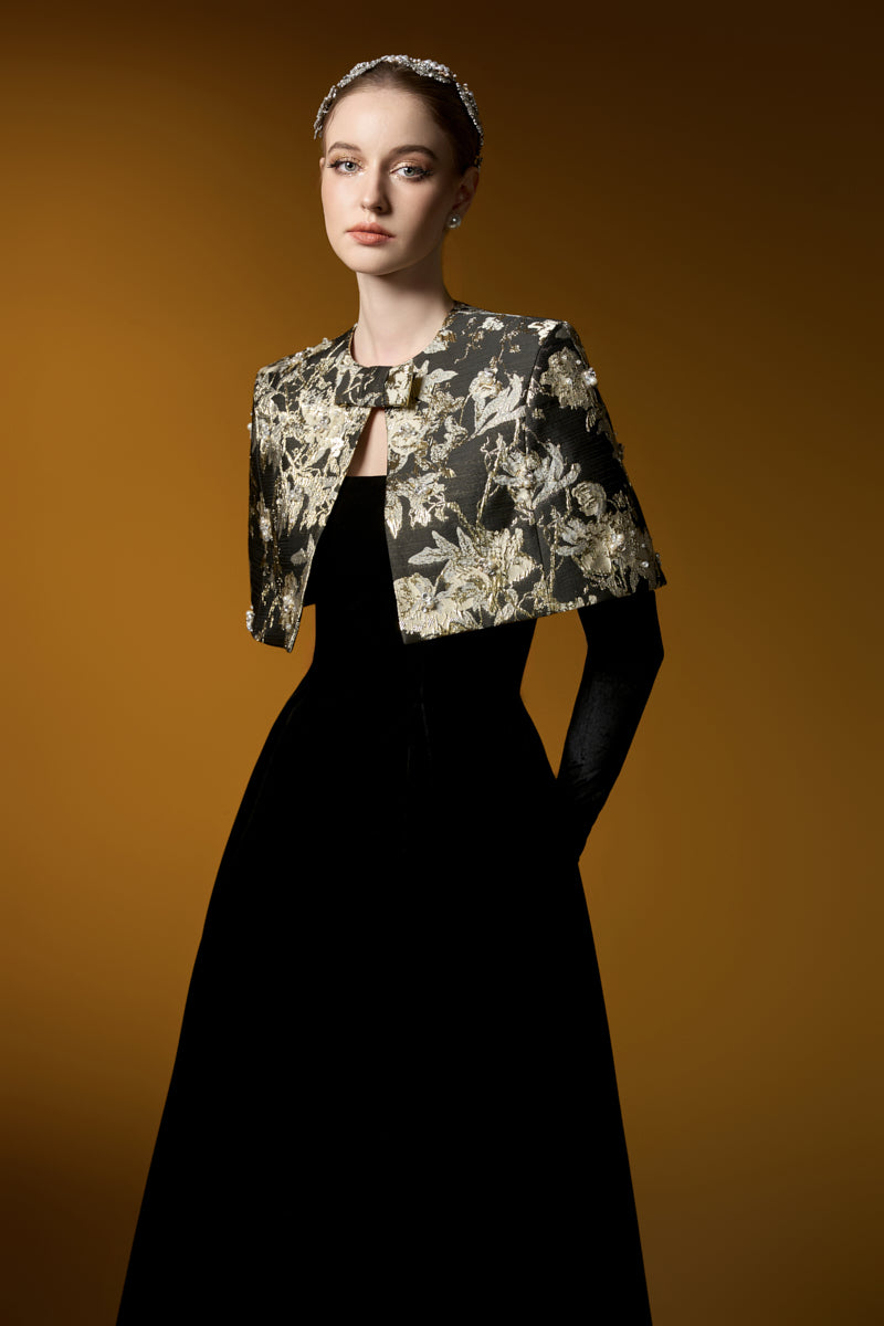 I.H.F Mirabelle Lyon velvet and jacquard gown with A-line silhouette and mini cape, elegant evening dress in rich fabric.