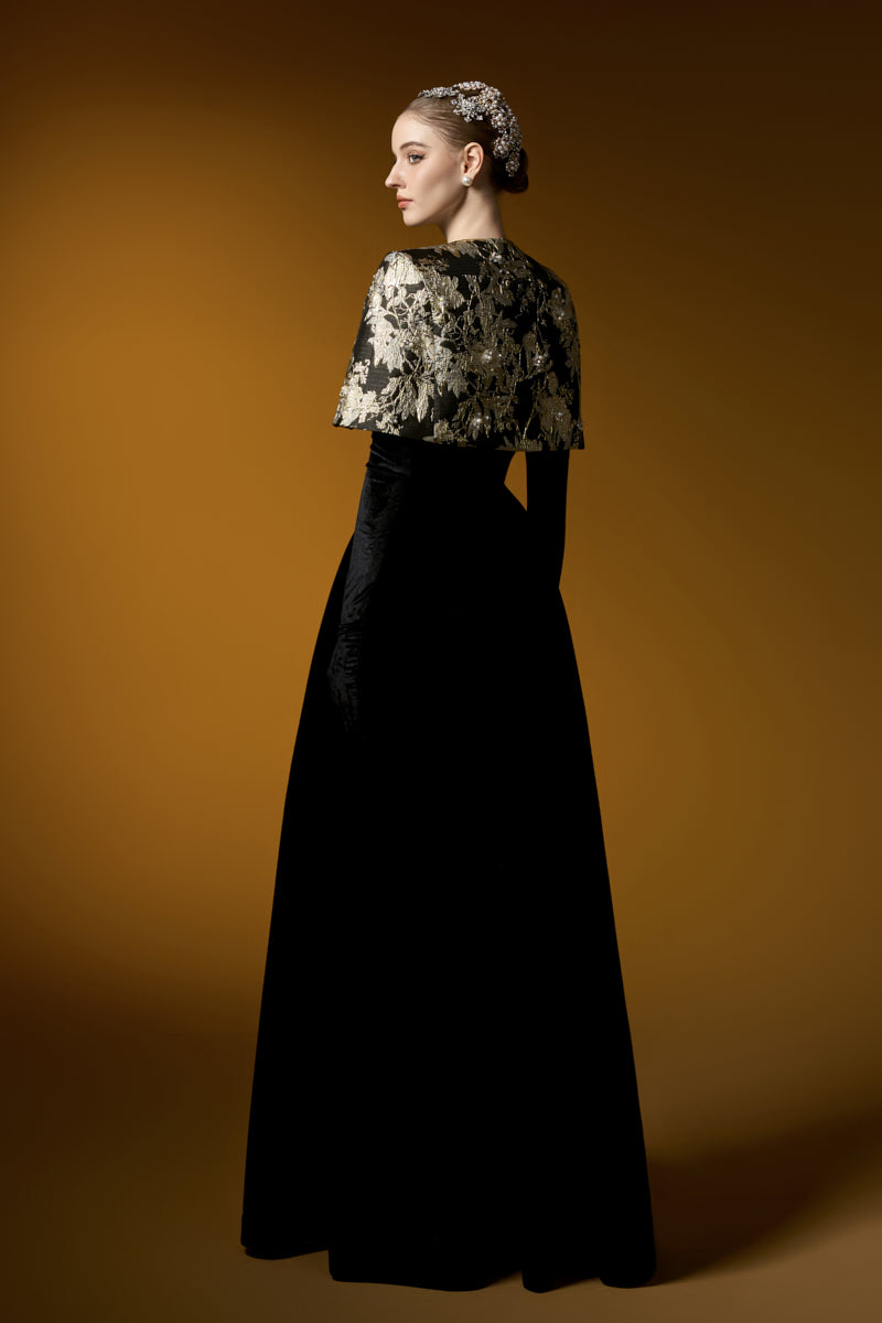 I.H.F Mirabelle Lyon velvet and jacquard gown featuring an A-line silhouette and a mini cape for elegant evening wear.