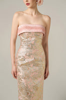 Pink metallic jacquard and silk taffeta gown by I.H.F, featuring a luxurious burstier column design.