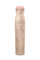 Pink metallic jacquard and silk taffeta gown by I.H.F, featuring a fitted column silhouette with elegant fabric details.