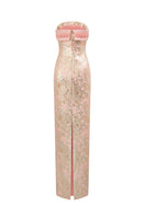 Pink metallic jacquard and silk taffeta gown by I.H.F, featuring a luxurious, elegant design with intricate fabric details.