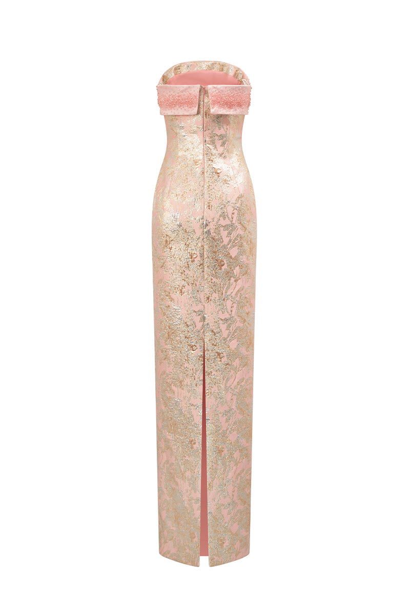 Pink metallic jacquard and silk taffeta gown by I.H.F, featuring a luxurious, elegant design with intricate fabric details.