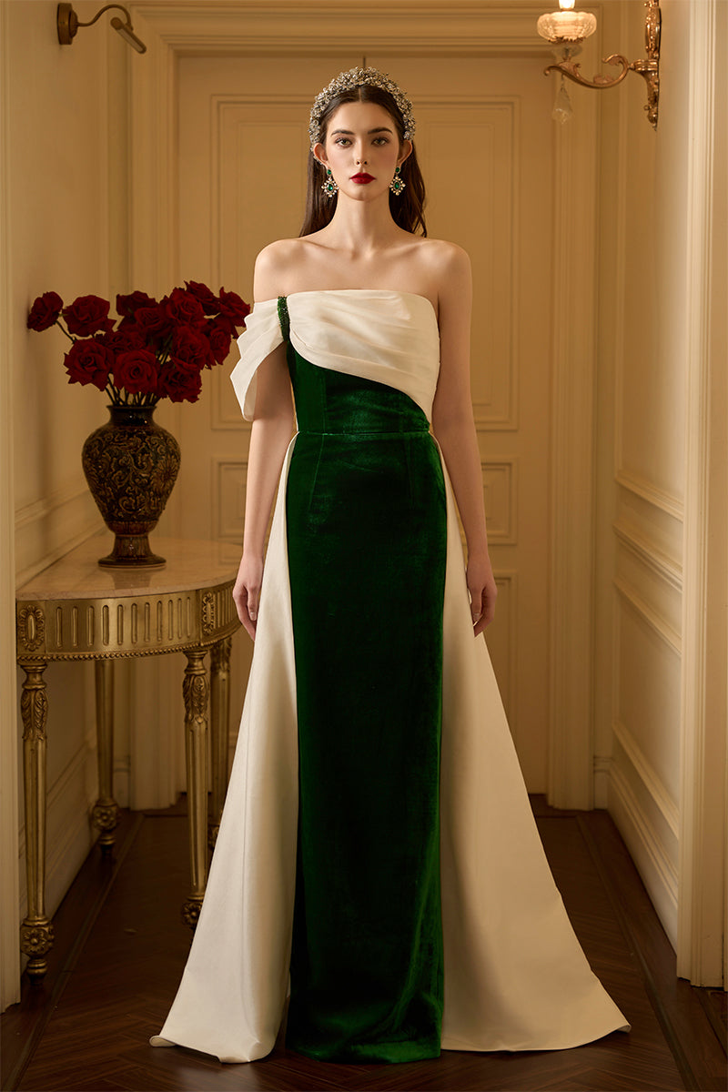 I.H.F velvet and taffeta gown featuring a burstier column silhouette with shoulder draped detail, elegant evening wear.