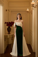 I.H.F velvet and taffeta gown with a burstier column design and shoulder draped detail, elegant evening dress.