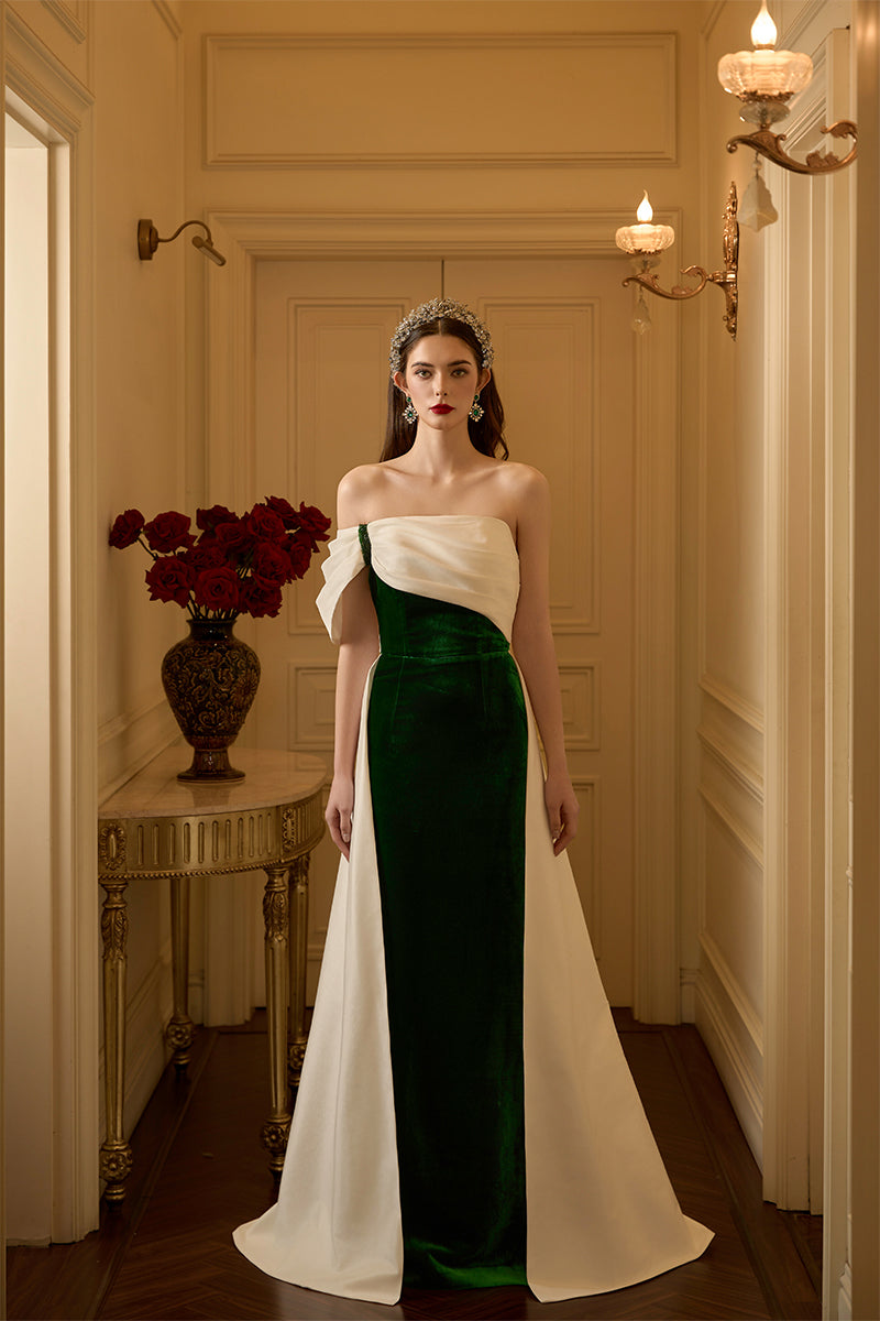 I.H.F velvet and taffeta gown with a burstier column design and shoulder draped detail, elegant evening dress.