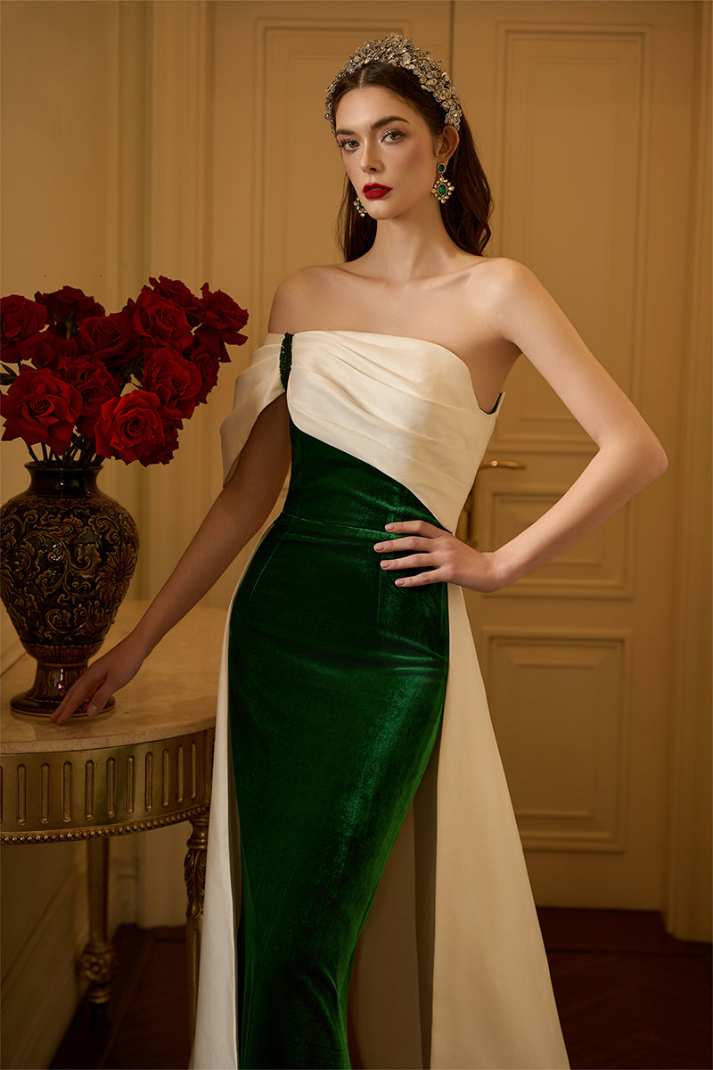 Elegant VIVA velvet and taffeta gown by I.H.F featuring shoulder draped detail and a burstier column silhouette.
