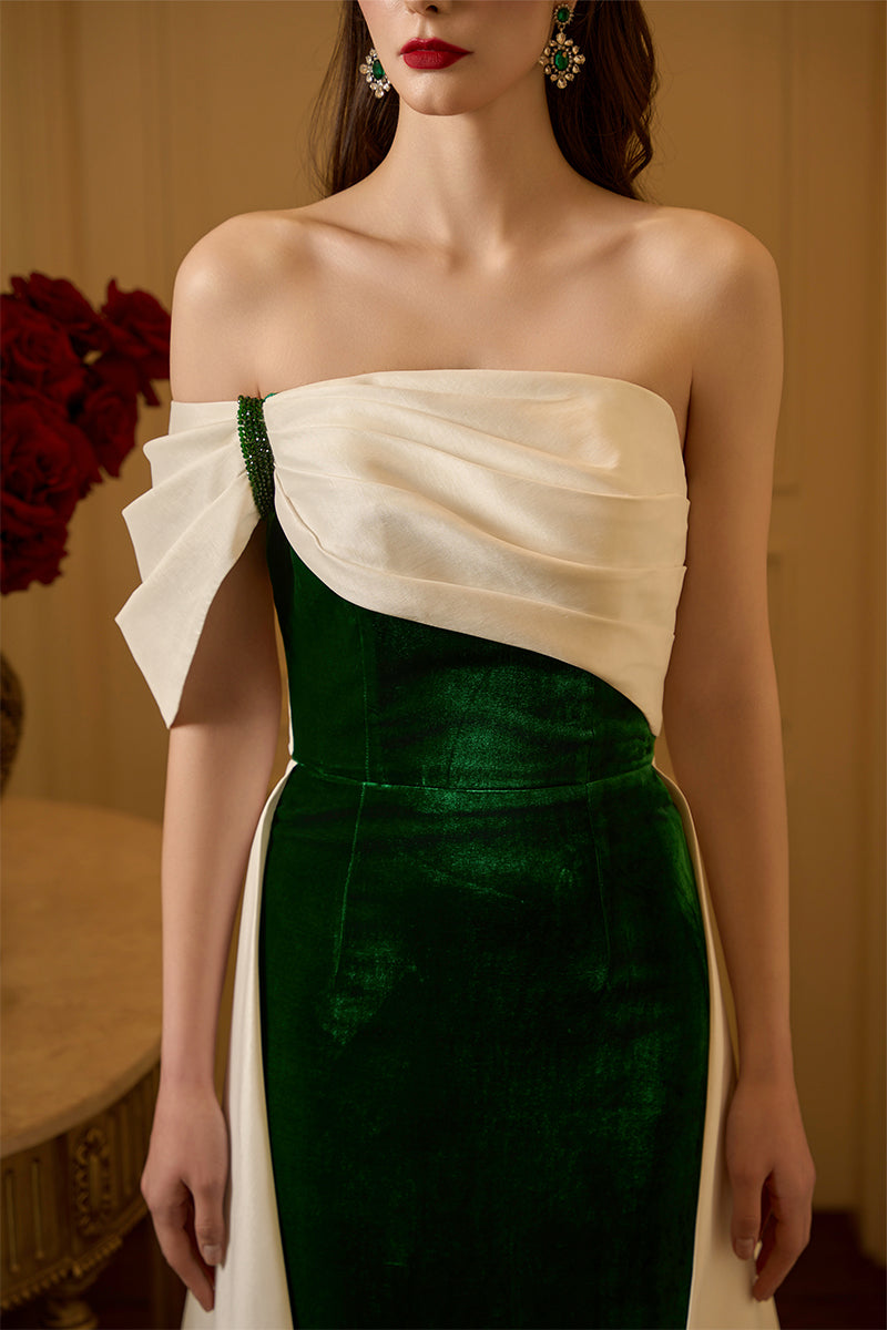 I.H.F velvet and taffeta gown featuring a burstier column silhouette with elegant shoulder draped detail.