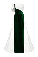 I.H.F. VIVA velvet and taffeta gown featuring a burstier column design with elegant shoulder draped detail.