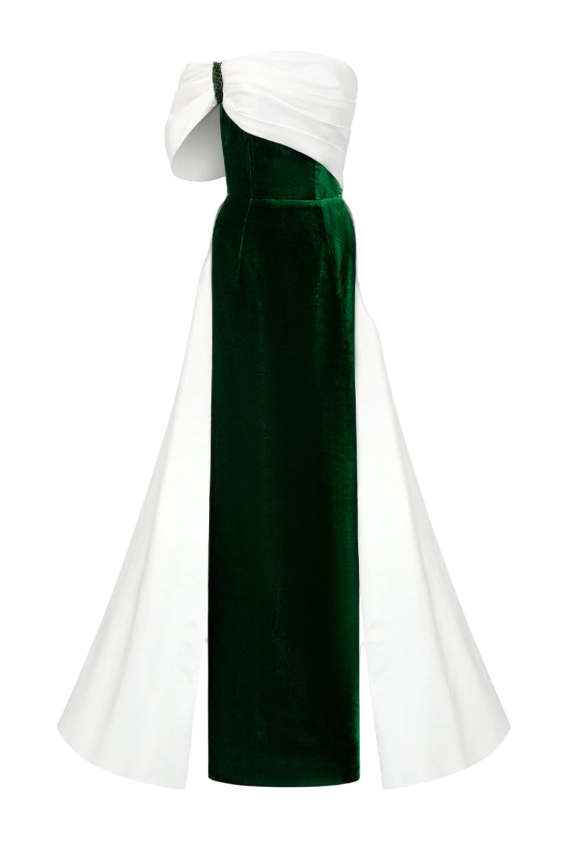 I.H.F. VIVA velvet and taffeta gown featuring a burstier column design with elegant shoulder draped detail.