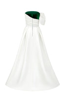 I.H.F VIVA velvet and taffeta gown with shoulder draped detail and elegant burstier column silhouette.