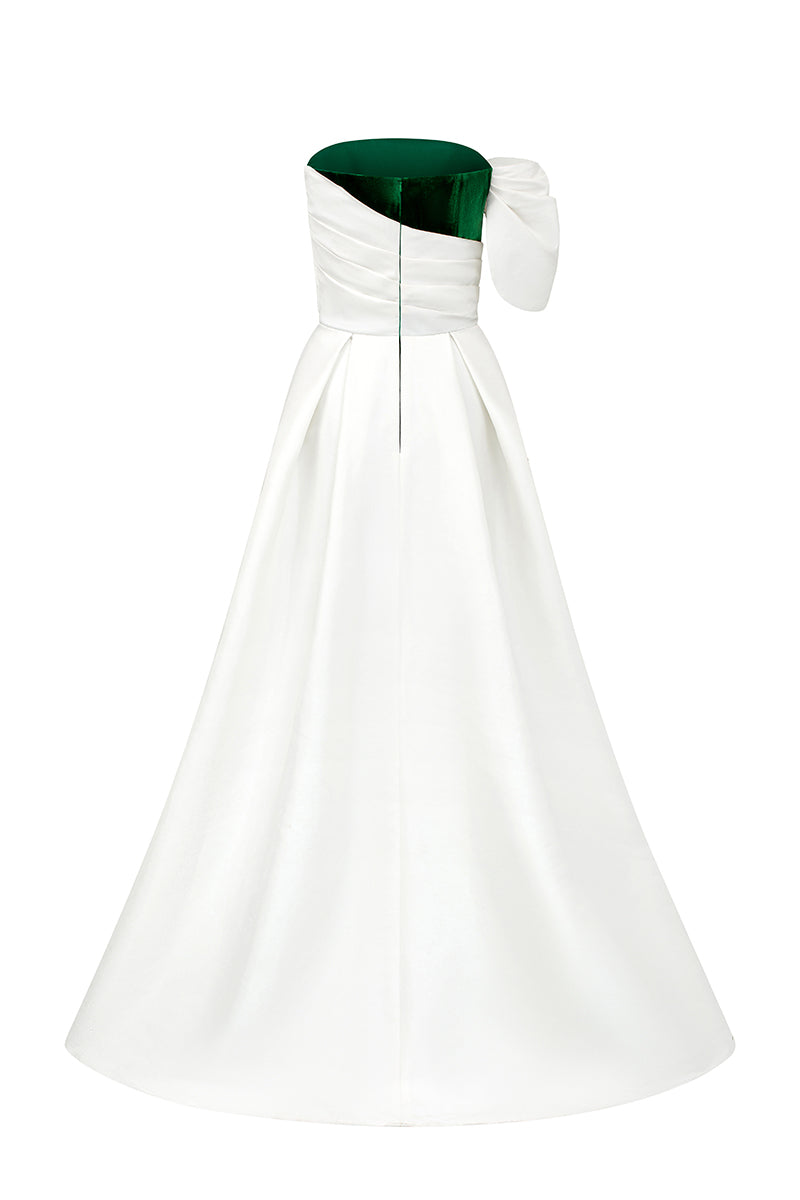 I.H.F VIVA velvet and taffeta gown with shoulder draped detail and elegant burstier column silhouette.
