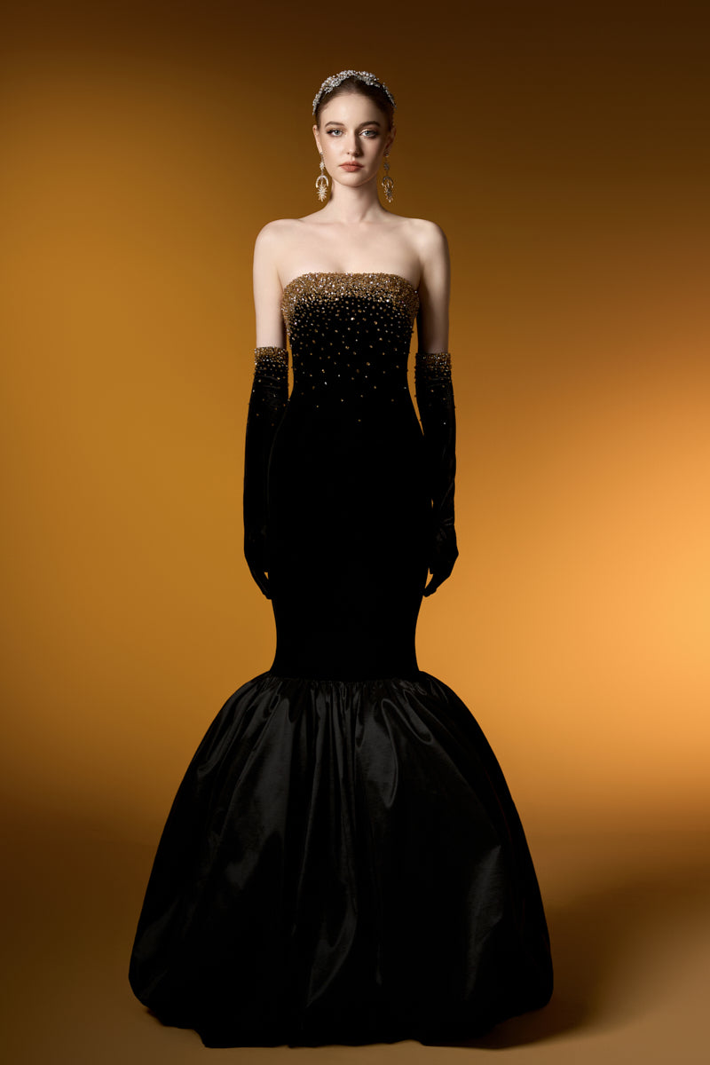 فستان ليون من المخمل والتفتا بتصميم ذيل السمكة