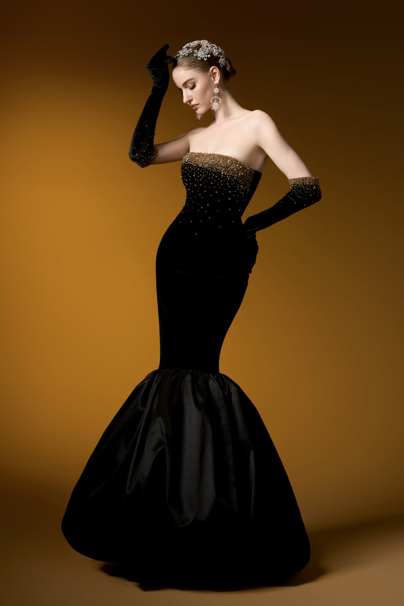 LYON VELVET AND TAFFETA FISHTAIL GOWN