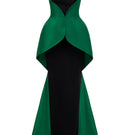 Green I.H.F MAYLE crepe and taffeta gown with waist cinching and draped detail, elegant formal evening dress.