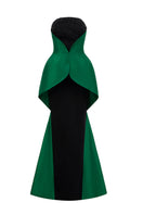 Green I.H.F MAYLE crepe and taffeta gown with waist cinching and draped detail, elegant formal evening dress.