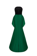 Green MAYLE crepe and taffeta gown by I.H.F featuring a draped waist detail and elegant silhouette.